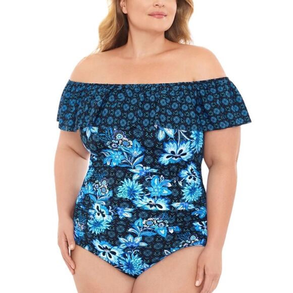 Swim Solutions HIDEAWAY NAVY Ruffled Off-the-Shoulder One-Piece Swimsuit, US 24W - Picture 5 of 5